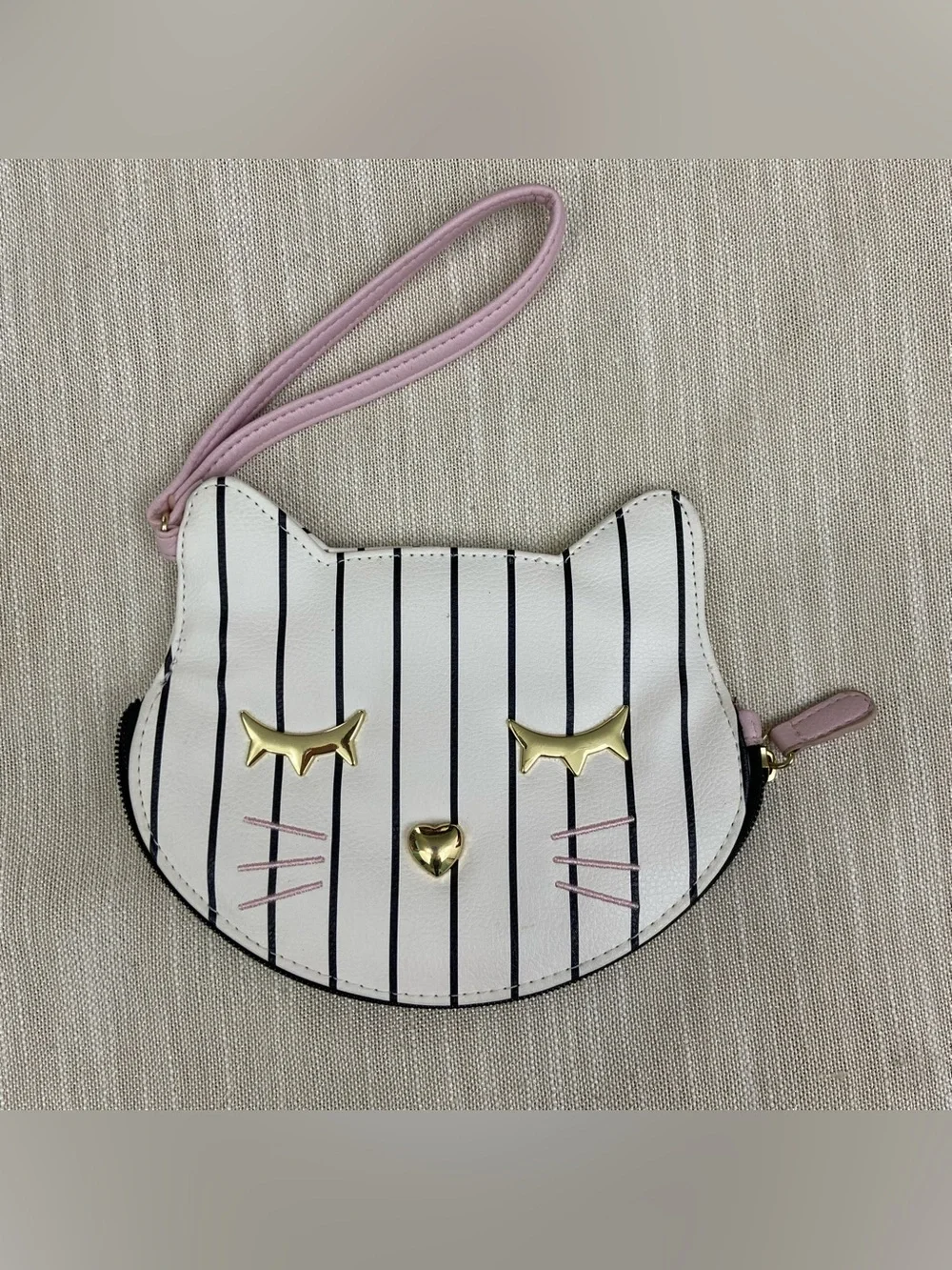 Betsey Johnson Luv Kitty Cat Kitten Small Stripe Bag Wristlet Wallet Coin Purse